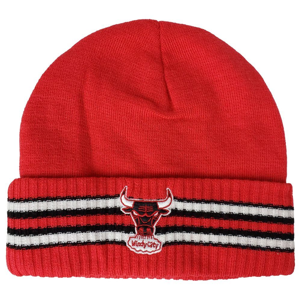 Chicago Bulls Mitchell & Ness NBA Knit Hat Beanie Cap 3D Logo Striped Red NWT